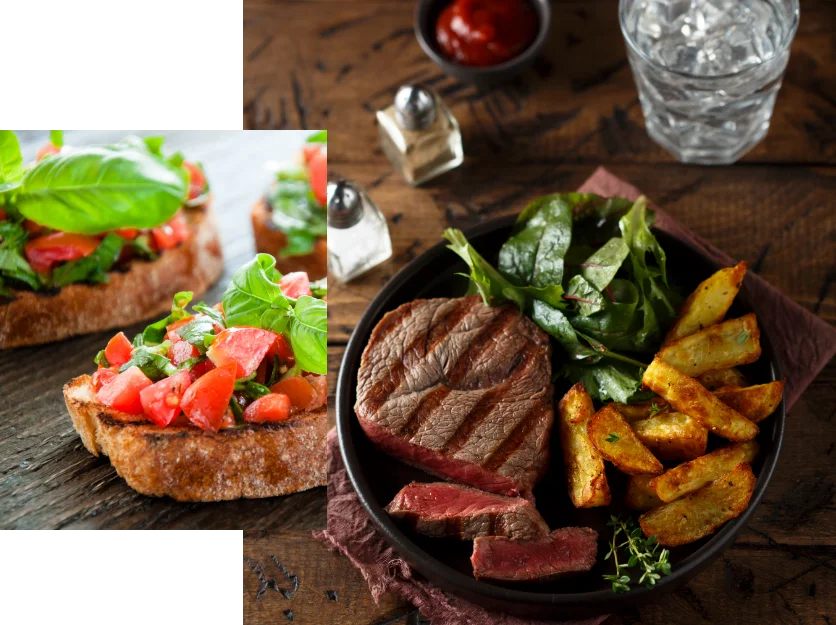 Heimat • Gegrilltes Steak mit Kartoffelspalten und Salat, daneben Bruschetta mit Tomaten und Basilikum