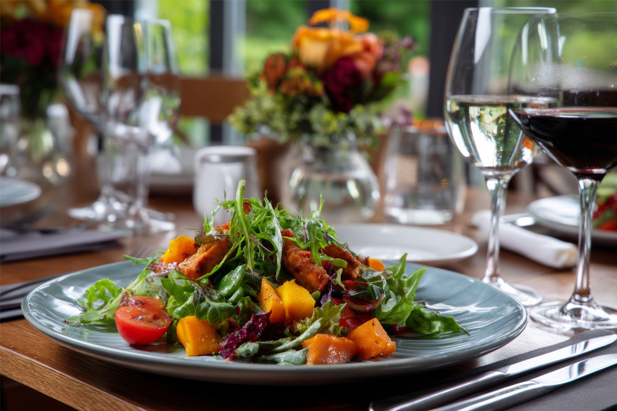 Heimat • Herbstlicher Salat im Restaurant Heimat • Speisen Bunter mit Kürbis, Tomaten und Wein am gedeckten Tisch