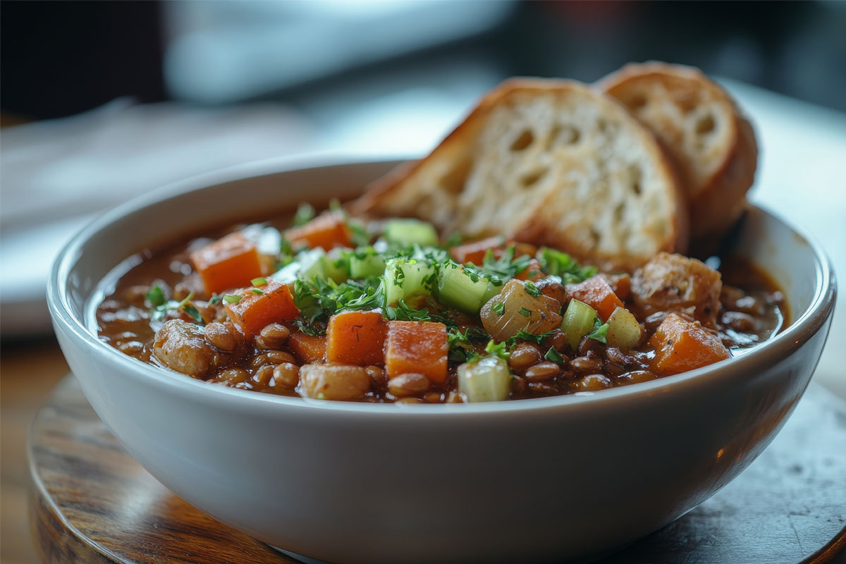 Heimat • Hausgemachter Linseneintopf Heimat • Schüssel mit Linseneintopf, Gemüsewürfeln und Brot